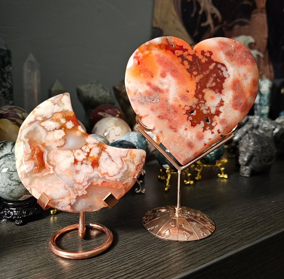 Red Sakura Flower Agate Moon & Heart Set