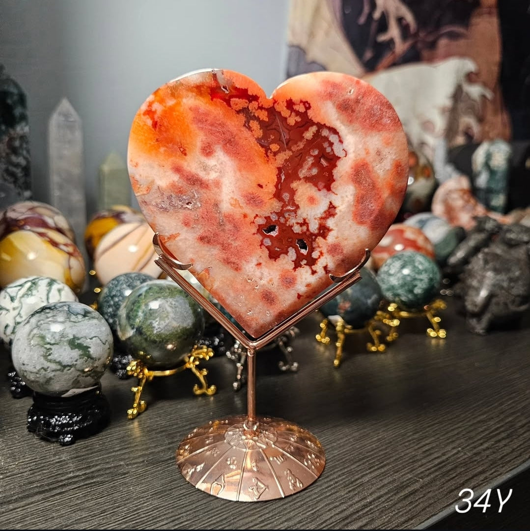 Red Sakura Flower Agate Moon & Heart Set